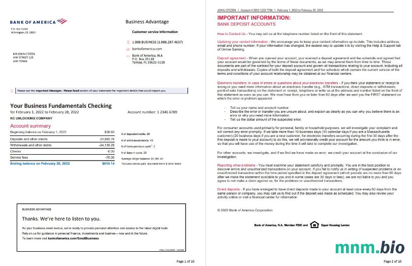 Szablon wyciągu bankowego USA Bank of America w formacie Word i PDF, Wersja 4